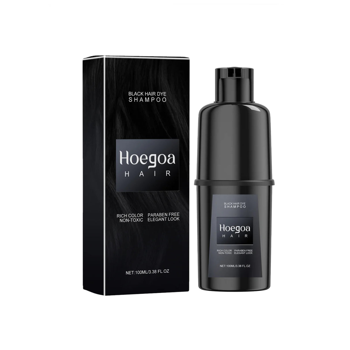 Hoegoa Herbal Hair Dye Shampoo in black color — bottle and packaging on white background.