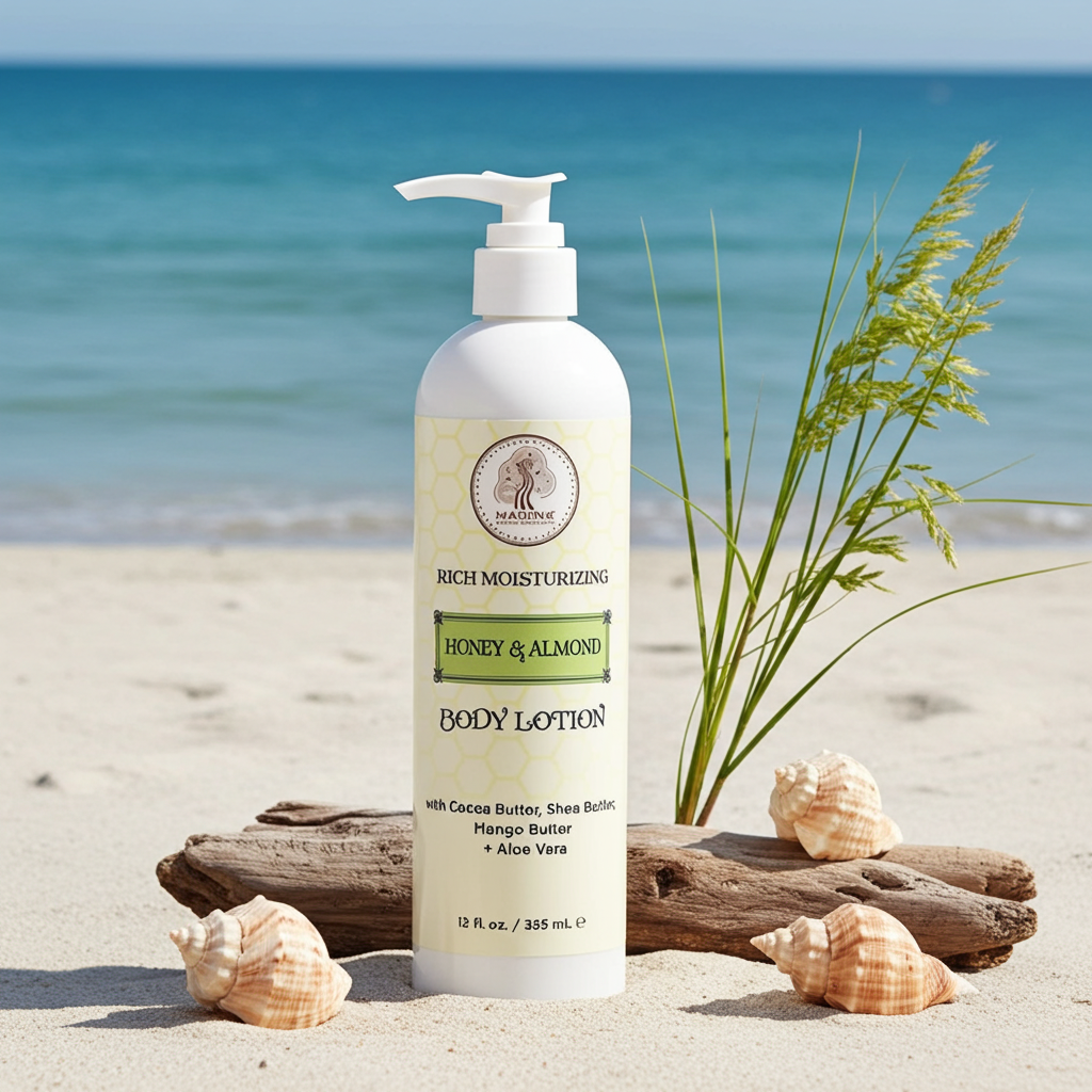 Madina Honey & Almond Body Lotion bottle for body moisturizing, skin nourishment, and routine personal care.