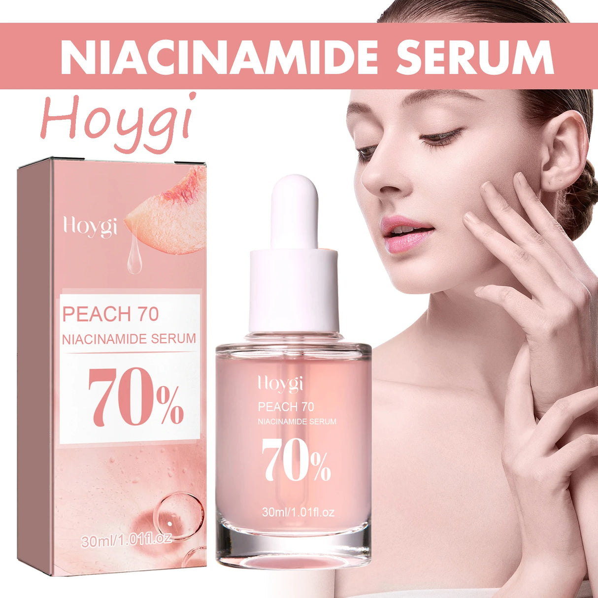 Hoygi Niacinamide Face Serum bottle for fading the look of dark spots, smoothing skin, and enhancing daily glow.