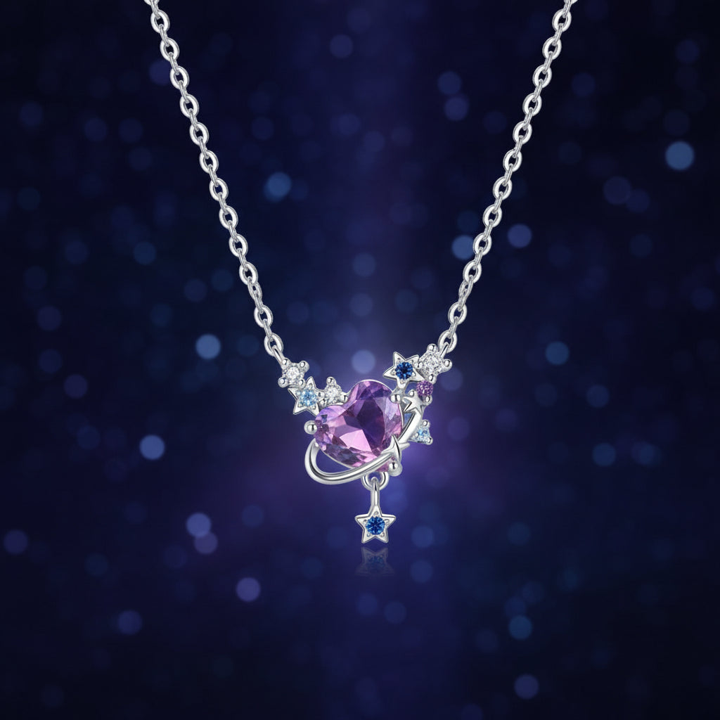 Infinite Love Purple Heart Planet Pendant necklace charm for romantic gifting, everyday wear, and celestial jewelry styling.