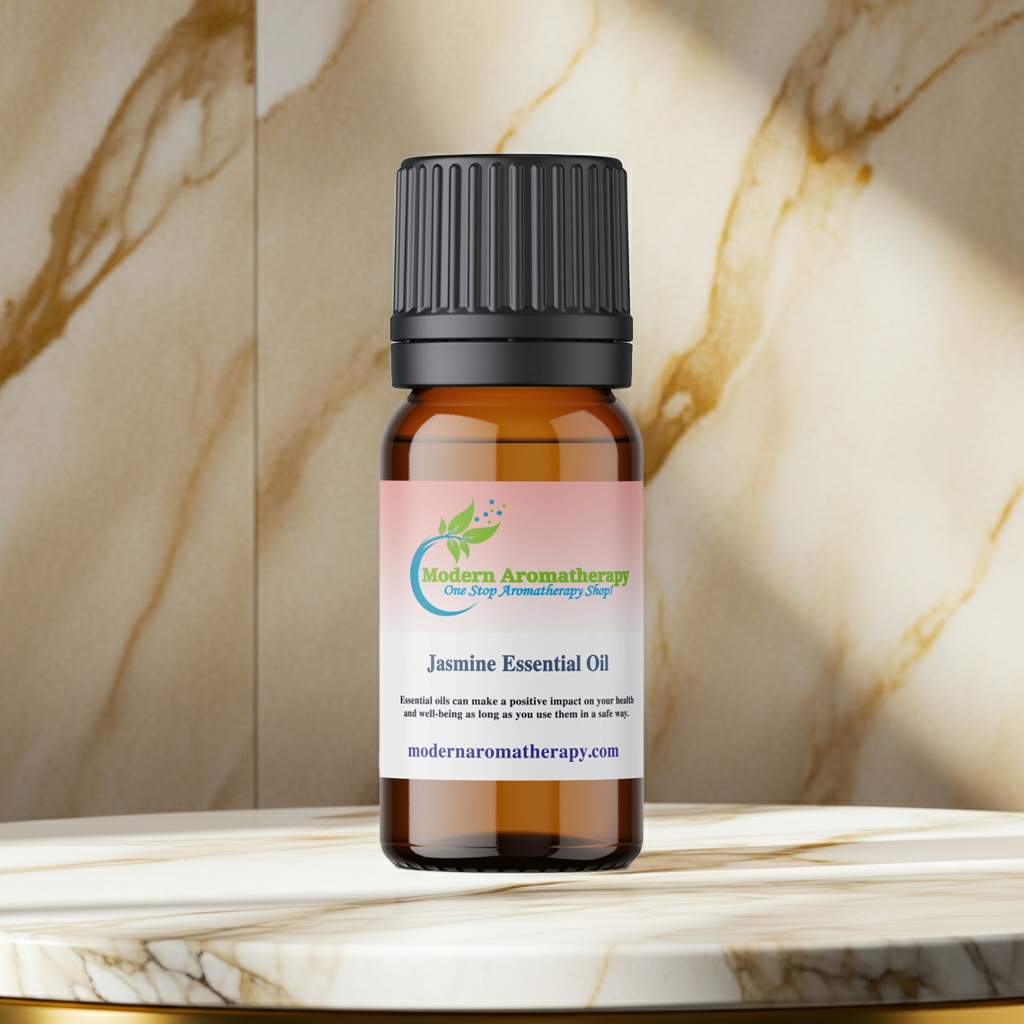Jasmine essential oil bottle for diffuser use, calming aromatherapy, and freshening indoor spaces.