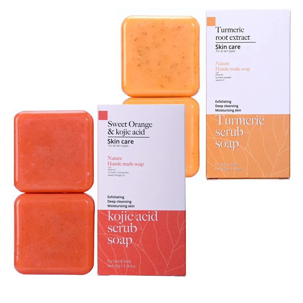 Kojic Acid & Sweet Orange Brightening Scrub Soap bars with packaging on white background.