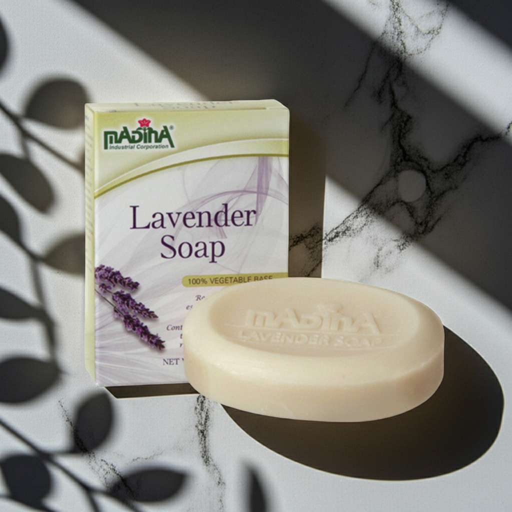 Madina Lavender Stress Relief soap bar for soothing skin cleansing, stress-relief bathing, and daily self-care use.