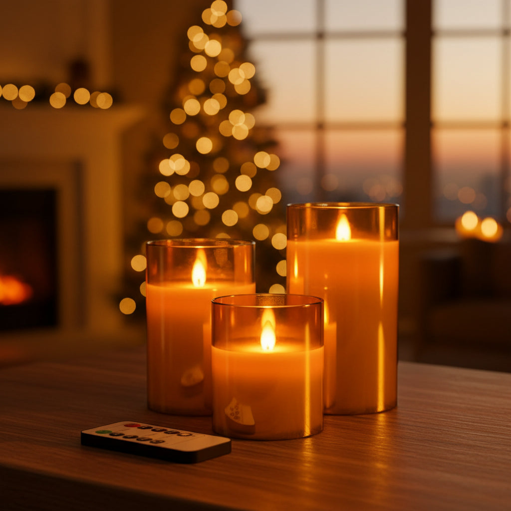 LED flameless candles set with a remote control for ambient home lighting, relaxation, and timer-based decor use.