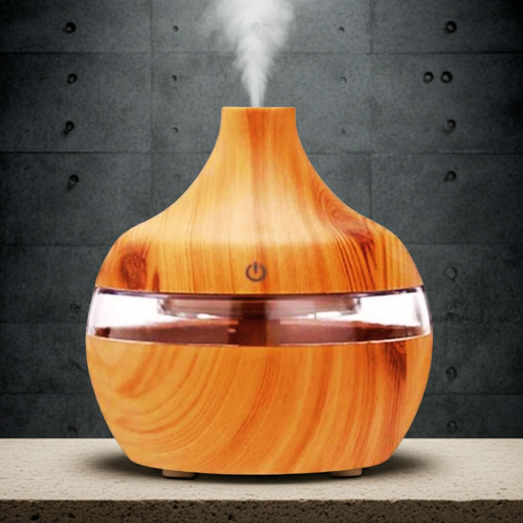 300ml Air Humidifier LED Aroma Essential Oil Diffuser wood grain unit for dispersing essential oils, adding cool mist, and mood lighting.