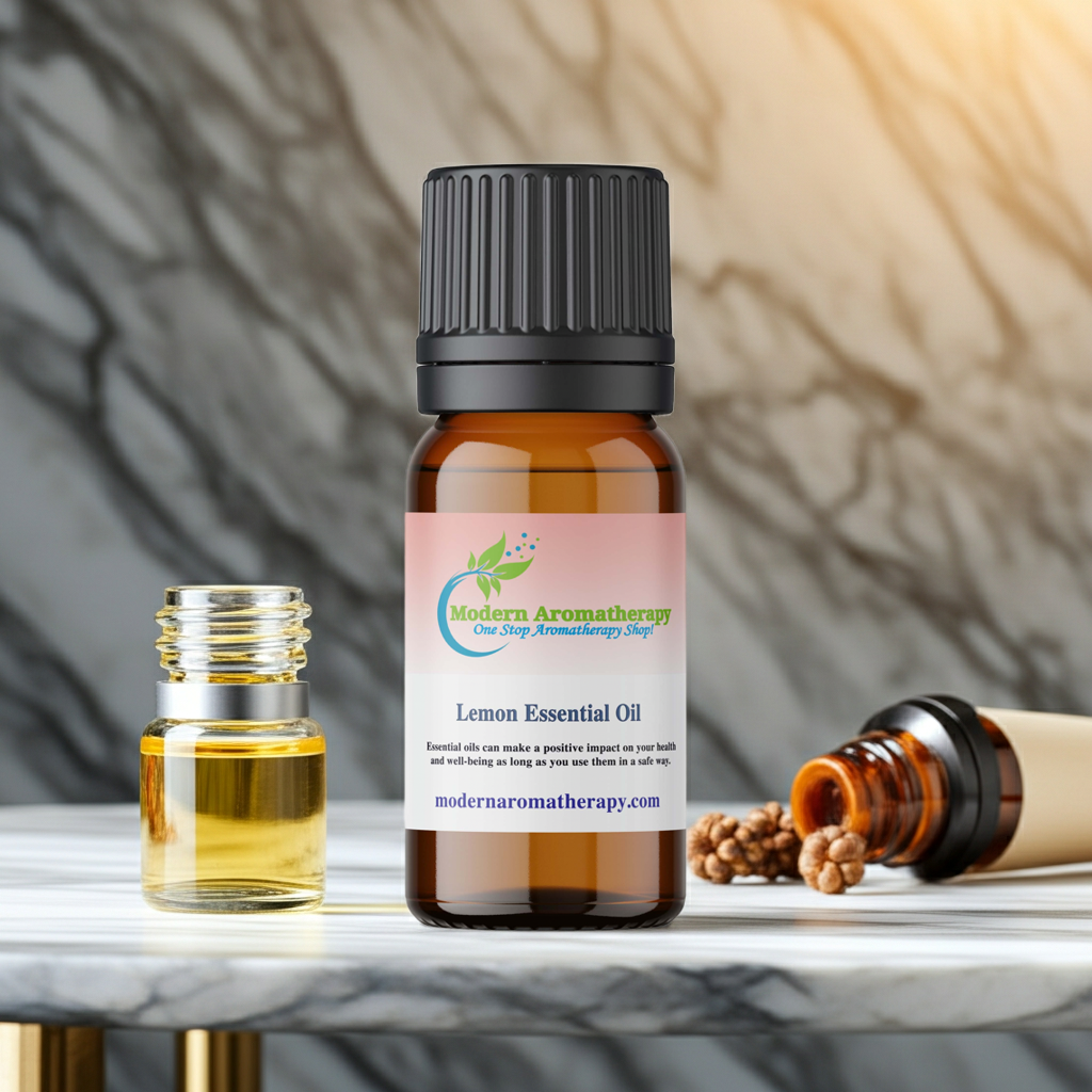 Lemon Essential Oil bottle for massage oil blends, relaxation routines, and aromatherapy use.