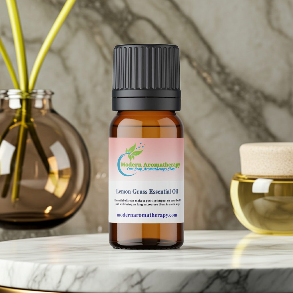 Lemon Grass essential oil bottle for aromatherapy, stress relief, and natural home scenting.