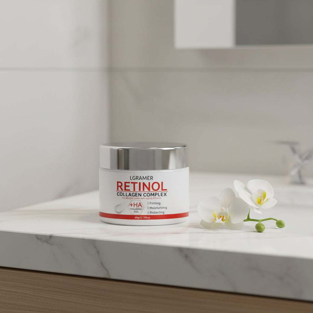 LGRAMER Retinol Lifting & Firming Face Cream jar with red and silver design on white background.