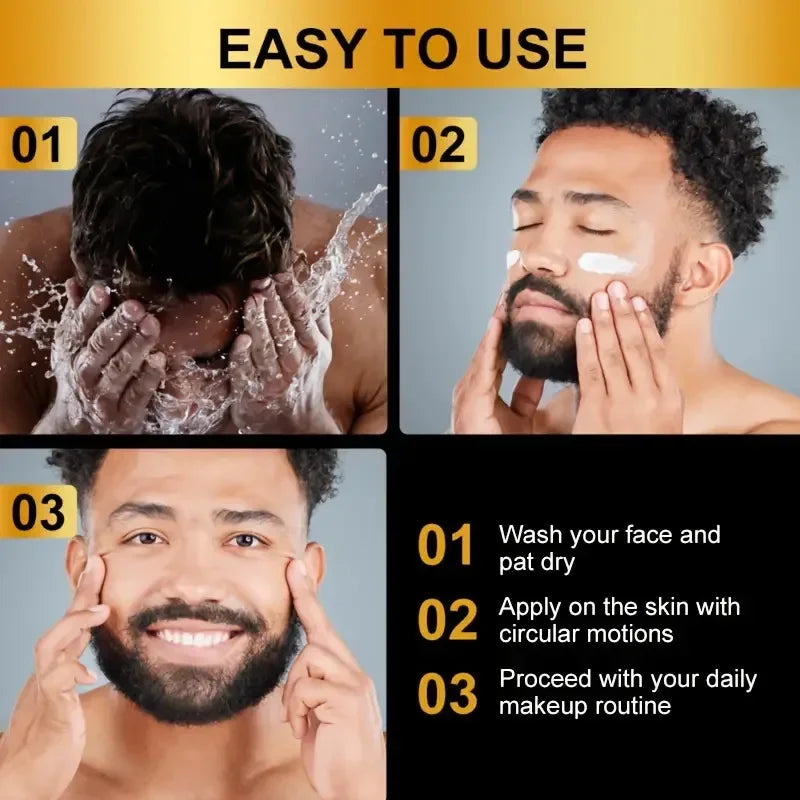LGRAMER Retinol Men's Moisturizer step-by-step skincare application guide with man washing face and applying cream.
