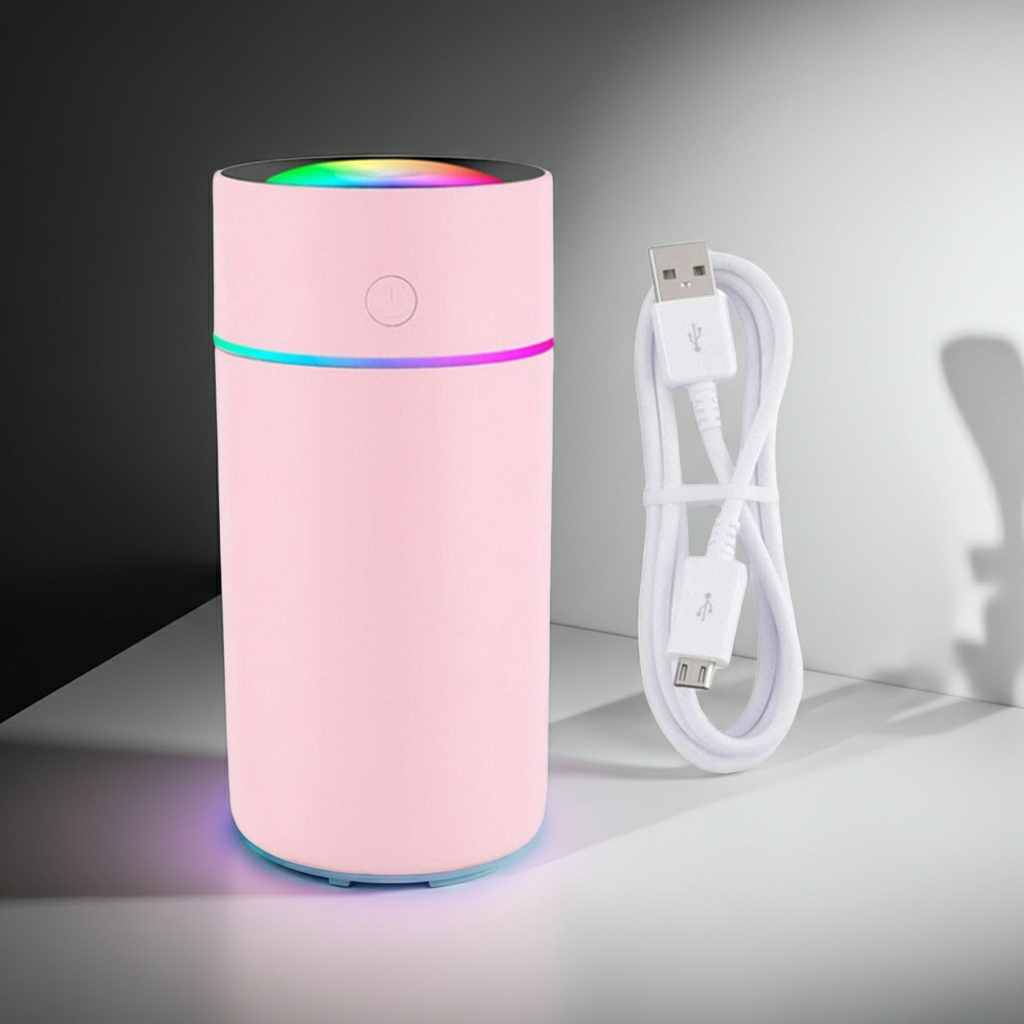 Lightweight and portable air humidifier device for adding moisture to dry air and everyday room comfort.