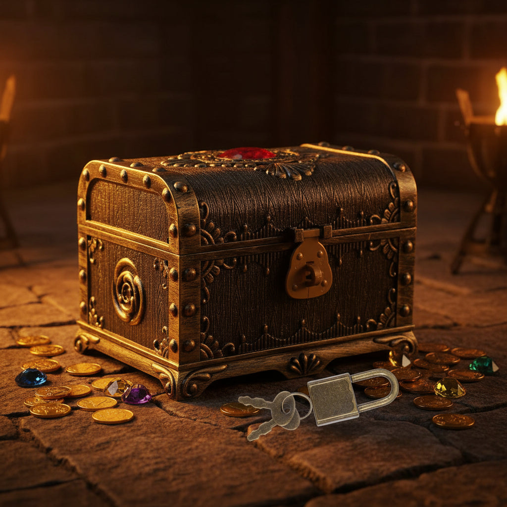 Lockable vintage plastic treasure chest storage box for organizing keepsakes, party favors, and small valuables.