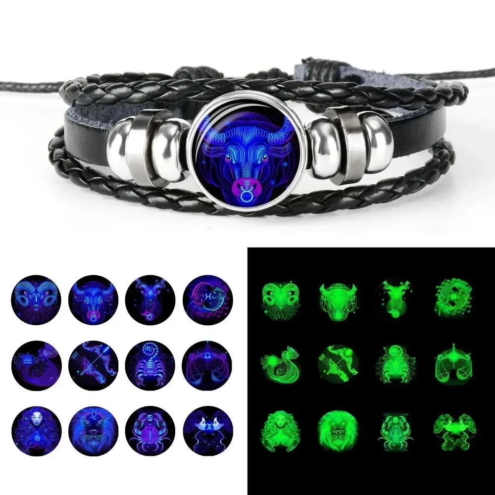 Luminous Zodiac Sign Leather Charm Bracelet with leather band and zodiac charms for casual accessorizing and personal star sign fashion.