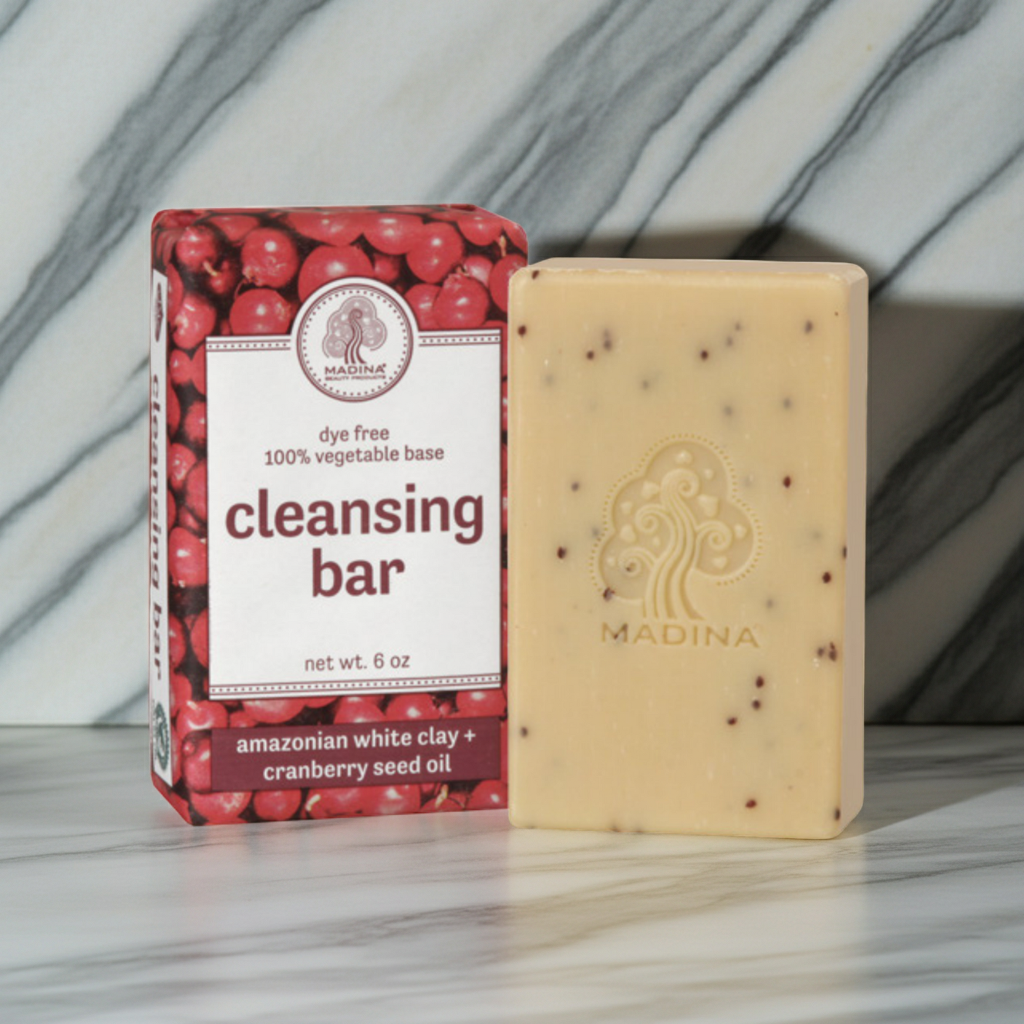 Bar of Madina Amazonian White Clay and Cranberry Cleansing Bar Soap displayed for skincare, cleansing, and daily bath use.