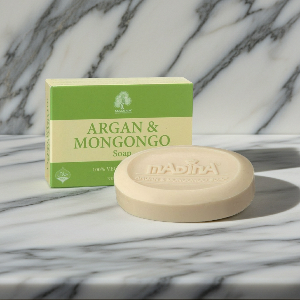 Bar of Madina Argan Mongongo Natural Soap displayed for cleansing, skincare, and daily bath use.