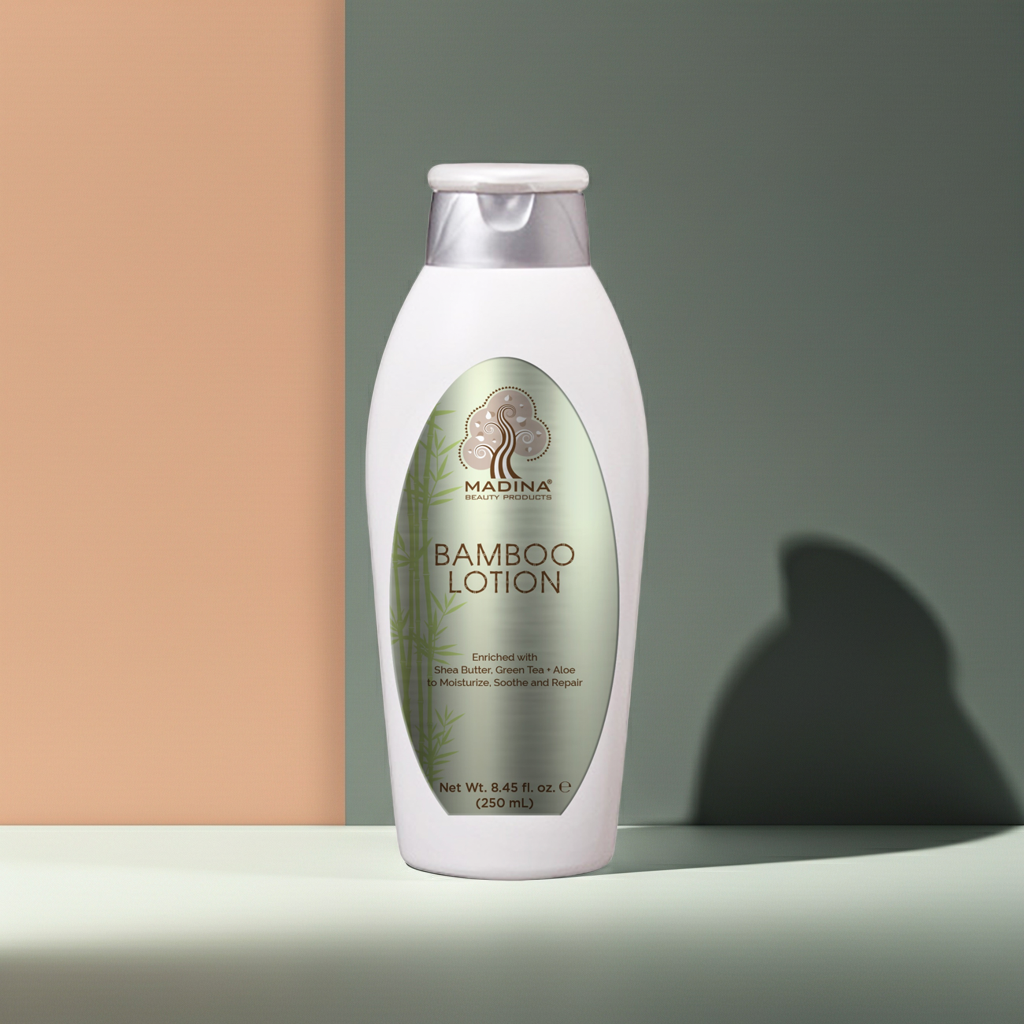 Madina Bamboo Lotion bottle for daily skin moisturizing, softening dry skin, and everyday body care.