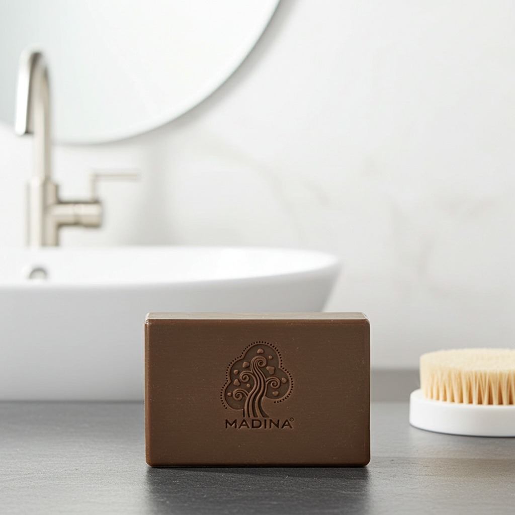 Madina Brown Clay and Manuka Honey soap bar displayed for personal care and refreshing cleansing.