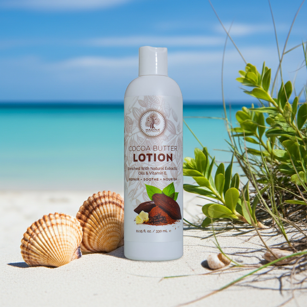Madina Cocoa Butter Lotion bottle for daily skin moisturizing, softening dry skin, and everyday body care.