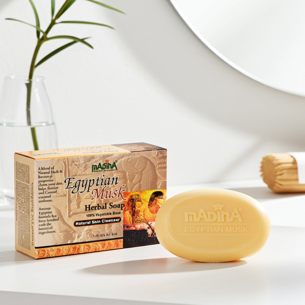 Madina Egyptian Musk Soap cleansing bar for washing the skin, bathing, and everyday care.