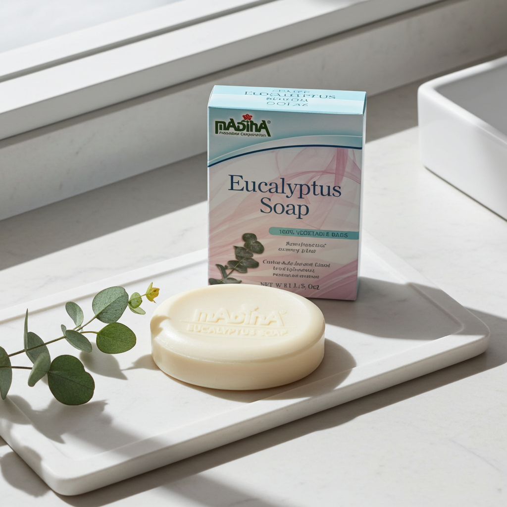 Madina Eucalyptus aromatherapy soap bar for stress relief, gentle bathing, and refreshing skincare use.
