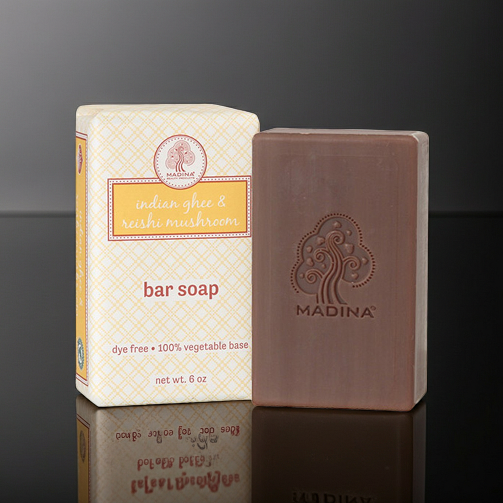 Madina Ghee and Reishi Mushroom cleansing bar soap for face and body washing, skincare, and bath use.