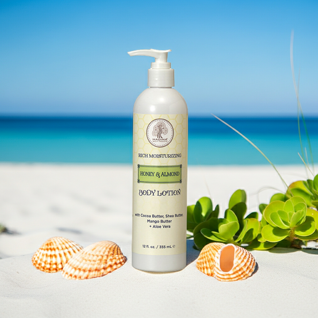 Madina Honey & Almond Body Lotion bottle for daily moisturizing, nourishing skin, and keeping the body soft and smooth.