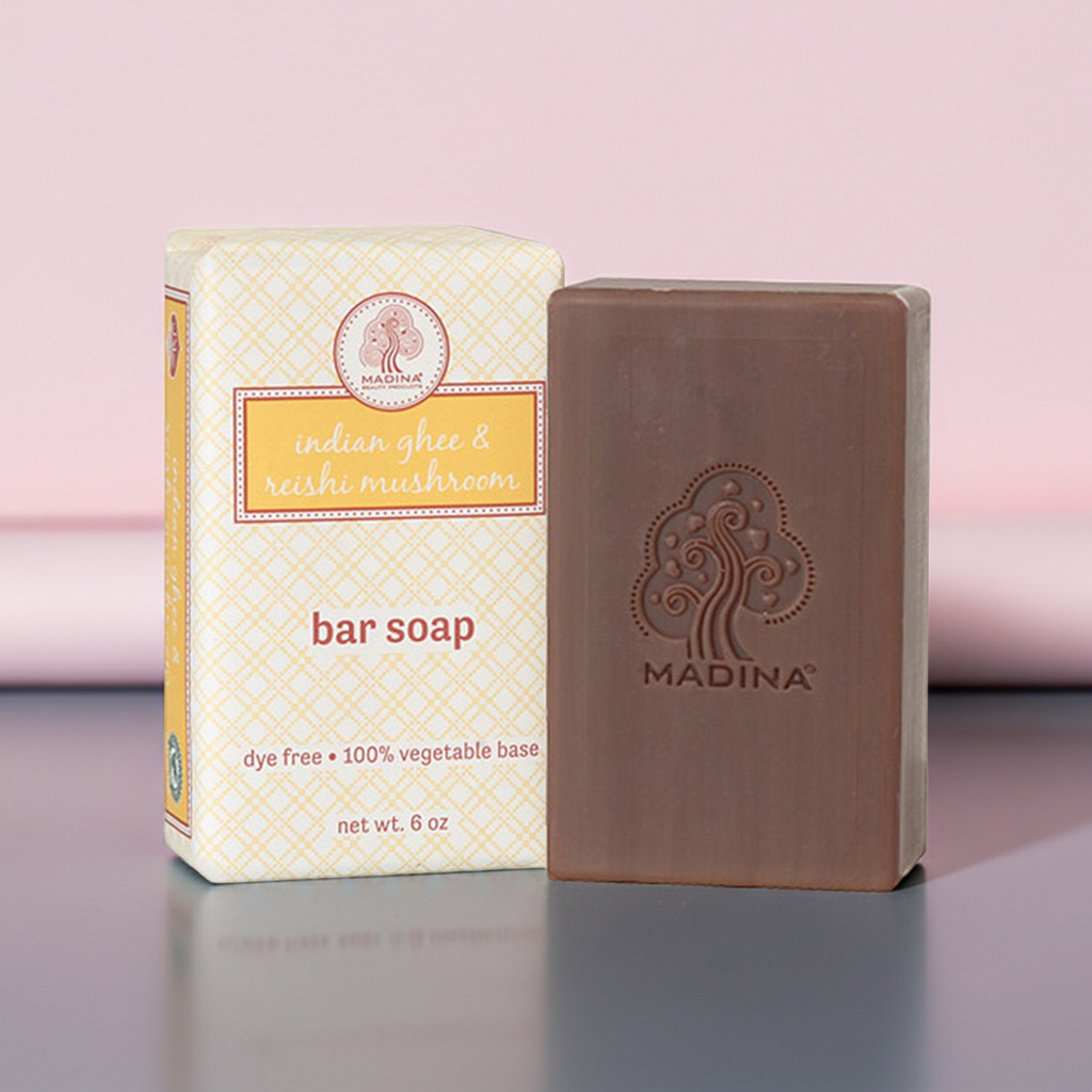 Madina Indian Ghee and Reishi Mushroom spice bar soap for skincare, bathing, and daily cleansing.