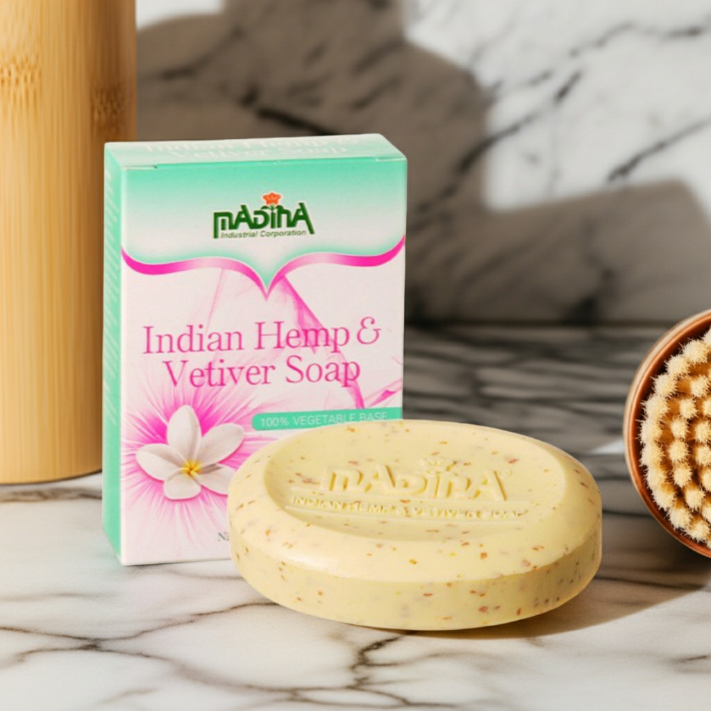 Madina Indian Hemp Vetiver Soap bar for bathing, skin cleansing, and daily skincare use.