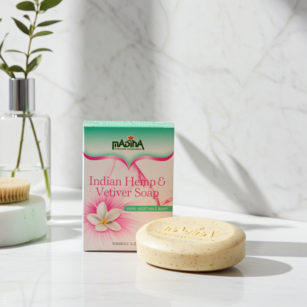 Madina Indian Hemp Vetiver Soap bar for daily cleansing, bathing, and refreshing the skin.