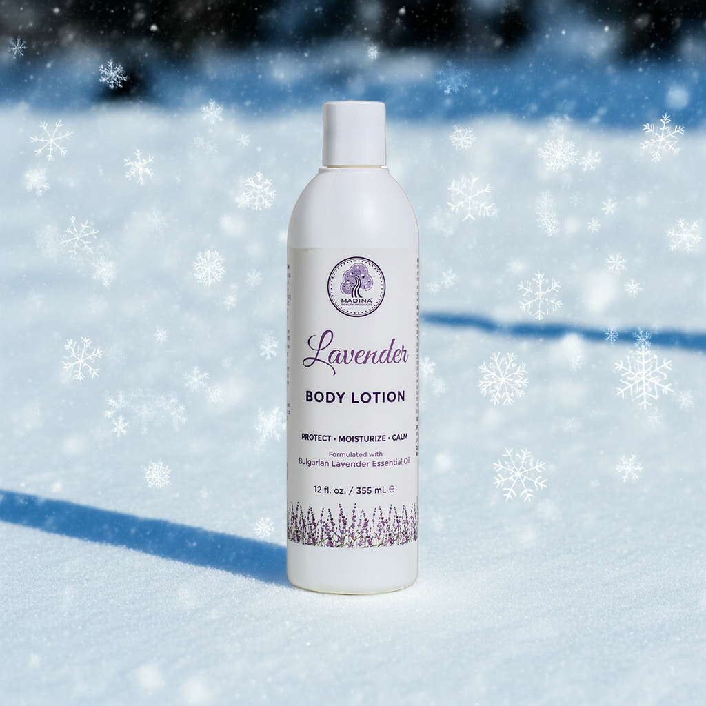Madina Lavender Body Lotion bottle for daily moisturizing, nourishing skin, and keeping the body smooth and hydrated.
