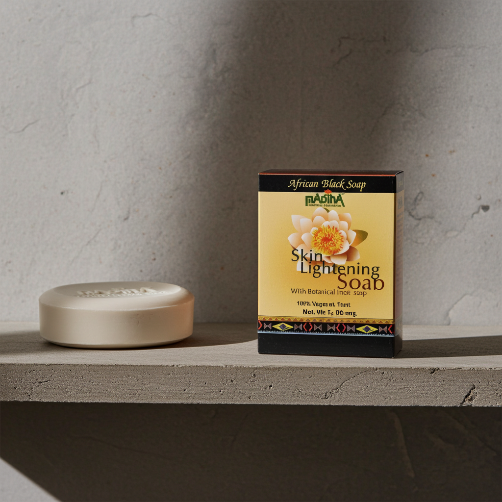 Madina lightening soap bar displayed for daily washing and skincare use.