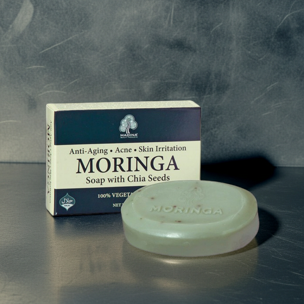 Madina Moringa herbal soap bar shown for gentle cleansing and personal care.