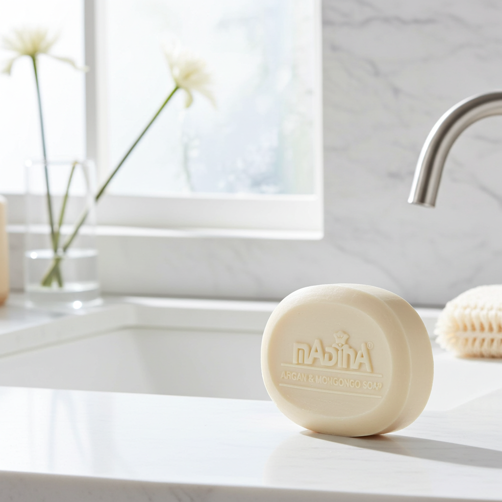Madina natural Argan Mongongo soap bar displayed for daily washing and skincare use.