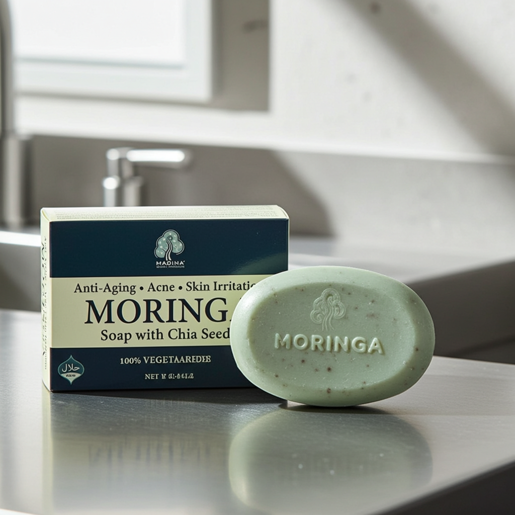 Madina natural moringa soap bar for cleansing, freshness, and skin care routines.