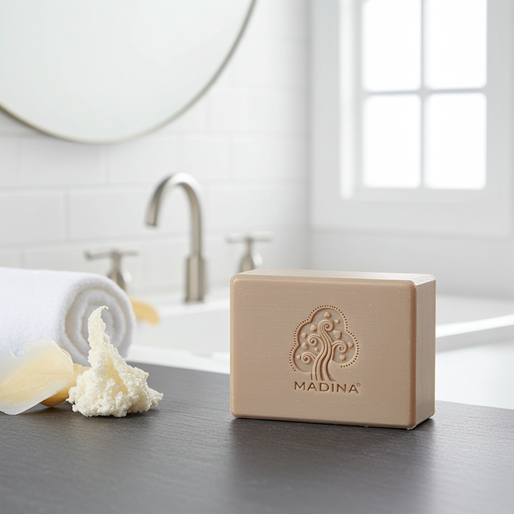 Madina Purple Clay and Mulberry soap bar displayed for personal care and refreshing cleansing.