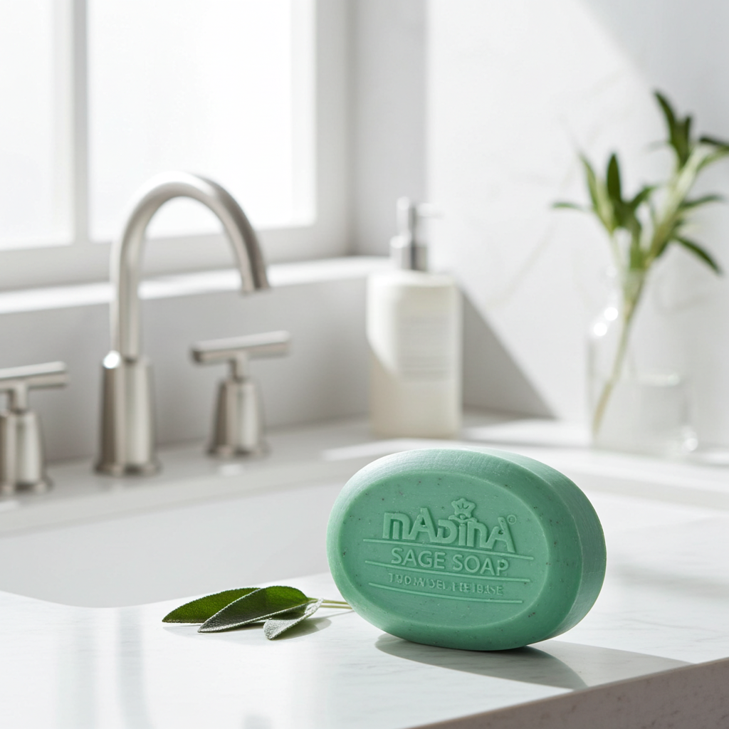 Madina Sage bath soap shown for skin cleansing and a soothing shower experience.