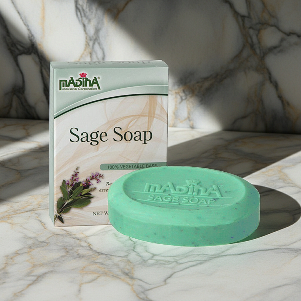 Bar of Madina Sage Stress Relief Soap displayed for cleansing, relaxation, and daily bath use.