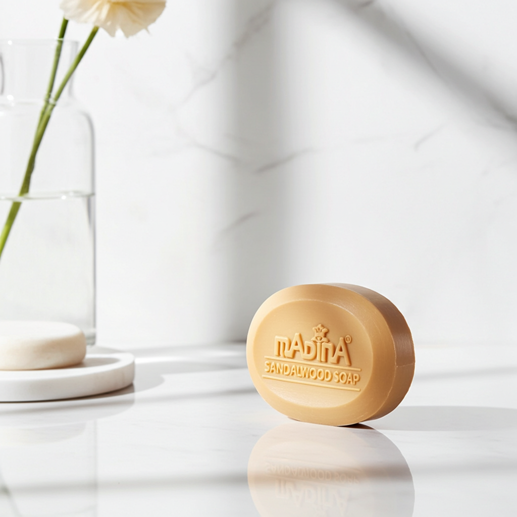 Madina Sandalwood Soap bar for daily cleansing, bathing, and refreshing the skin.