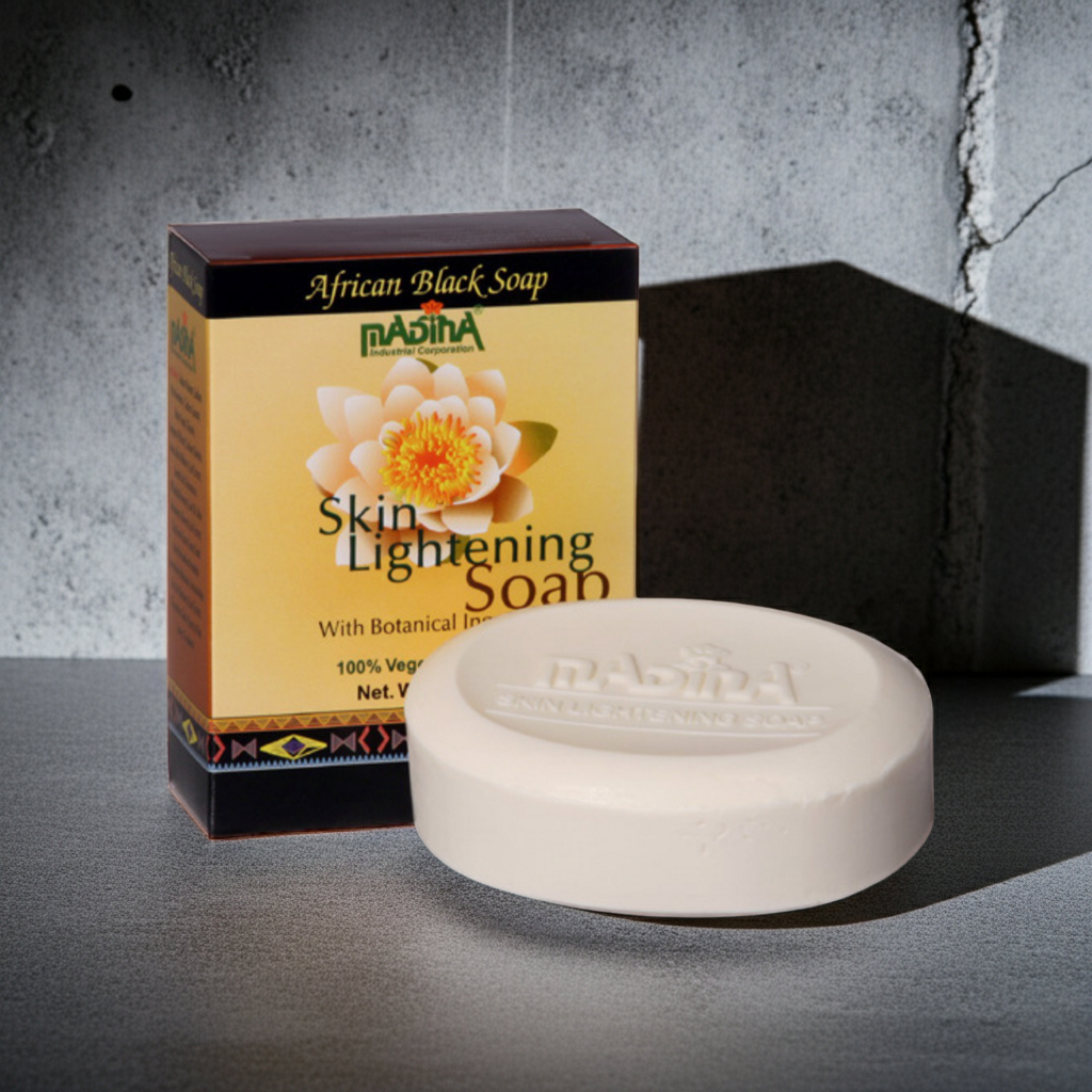 Madina Skin Lightening Soap bar shown for gentle cleansing and everyday skin care.