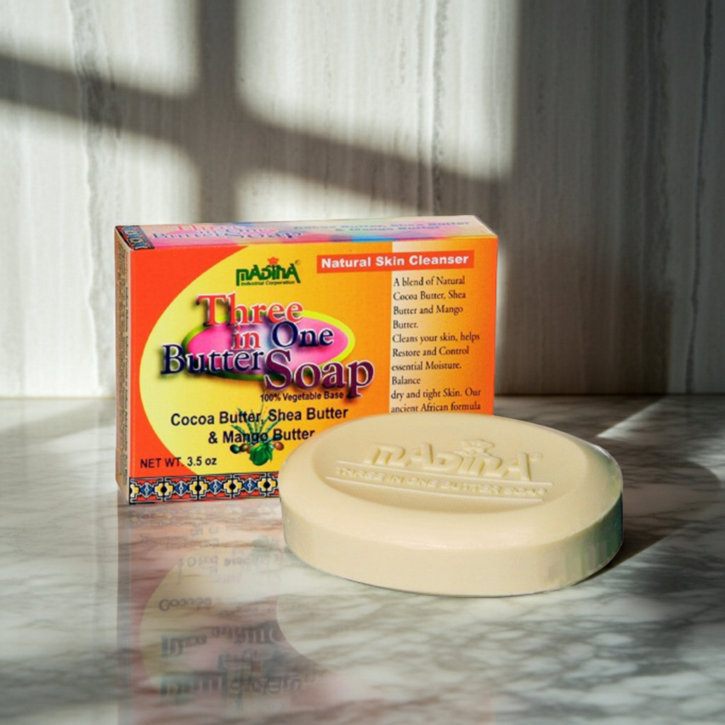 Madina Three in One Butter Soap bar for bathing, skin cleansing, and daily skincare use.
