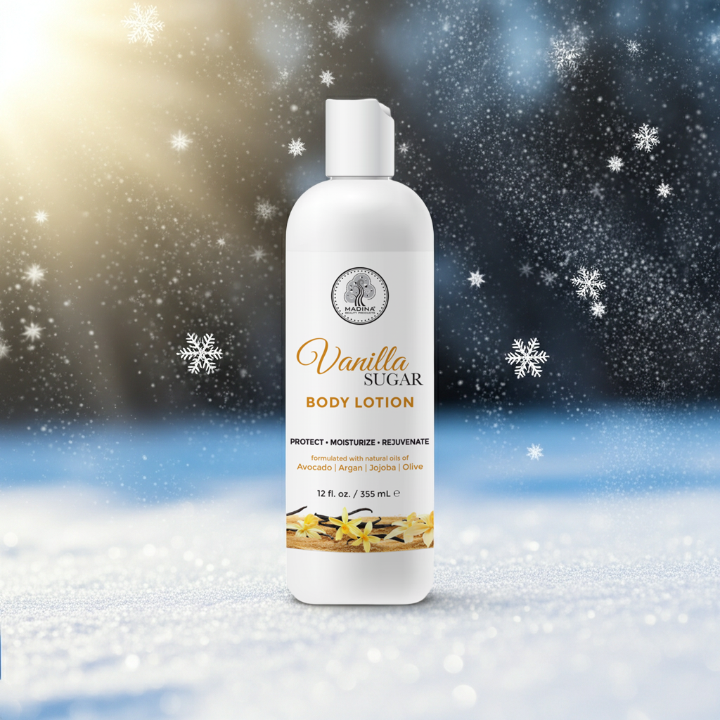 Madina Vanilla Sugar Nourishing Body Lotion bottle for daily moisturizing, softening skin, and keeping the body smooth and hydrated.