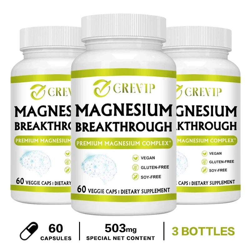 Magnesium Breakthrough dietary supplement bottle for relaxation, sleep support, and everyday wellness use.