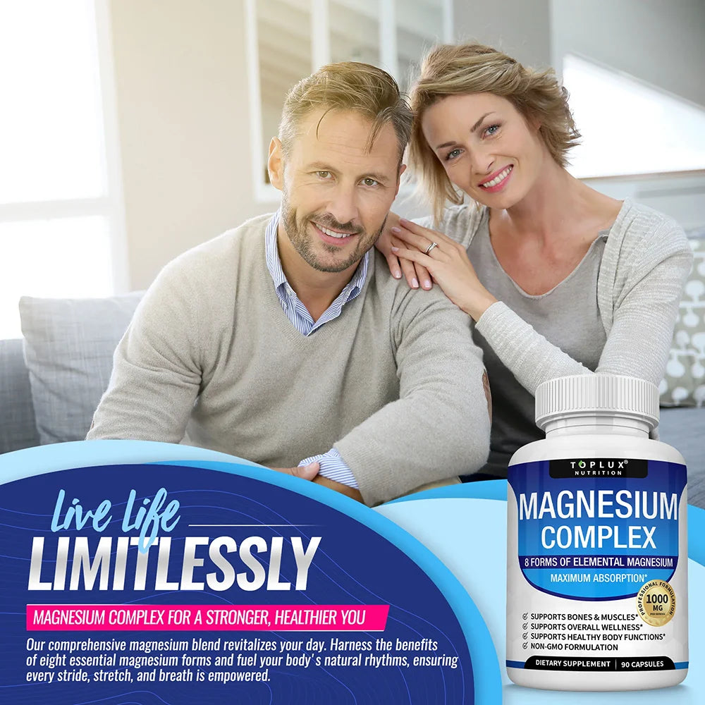 Magnesium Complex 1000mg capsules supplement bottle for energy support, metabolic wellness, and everyday dietary use.