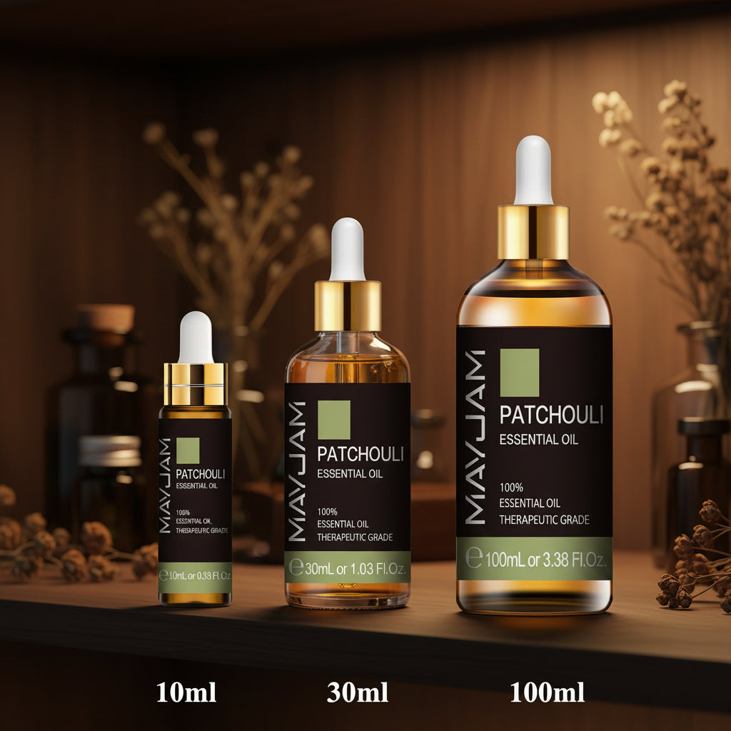MAYJAM Patchouli Essential Oil 10ml bottle for aromatherapy, diffusing, and massage blending use.