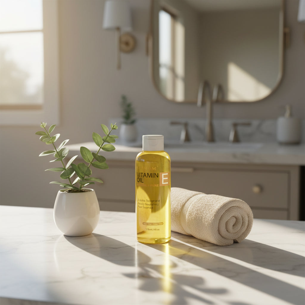 MAYJAM Pure Vitamin E Oil for Face, Skin and Hair D-Alpha Tocopherol bottle for daily face moisturizing and dry skin care.