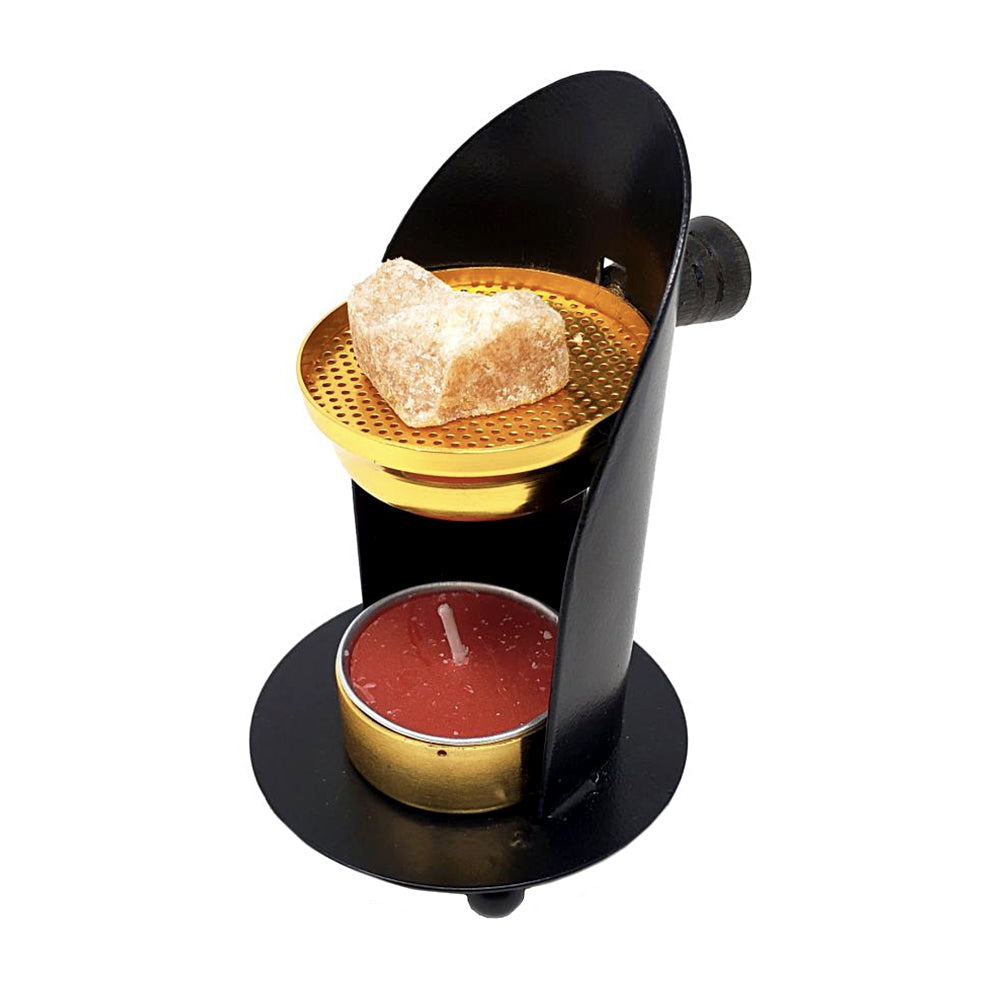 Metal adjustable resin burner front view for incense resin burning, charcoal disc use, and altar decor.