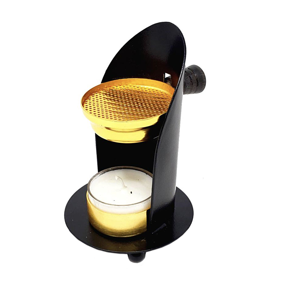 Metal adjustable resin burner side view showing adjustable vents for incense and resin burning.