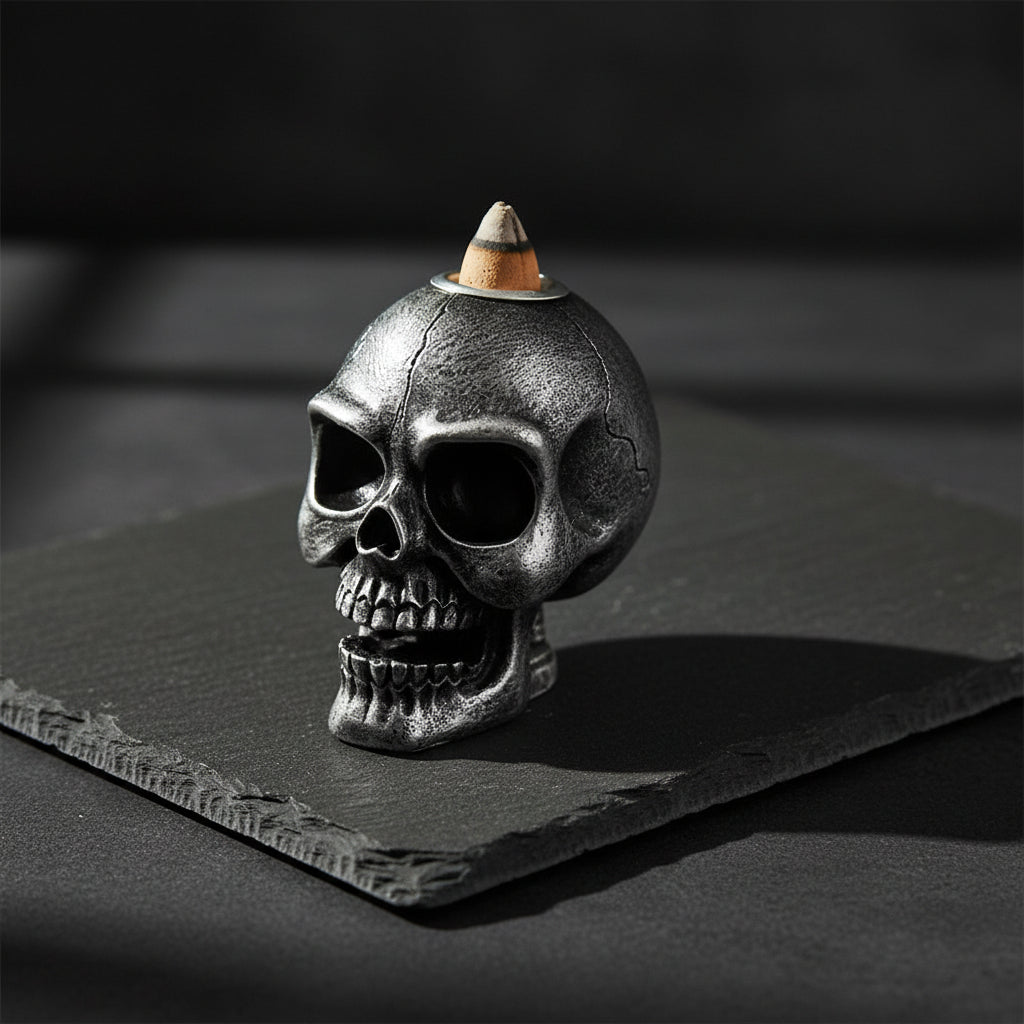 Mini silver skull backflow incense burner for cascading smoke effect, gothic decor, and meditation ambiance.