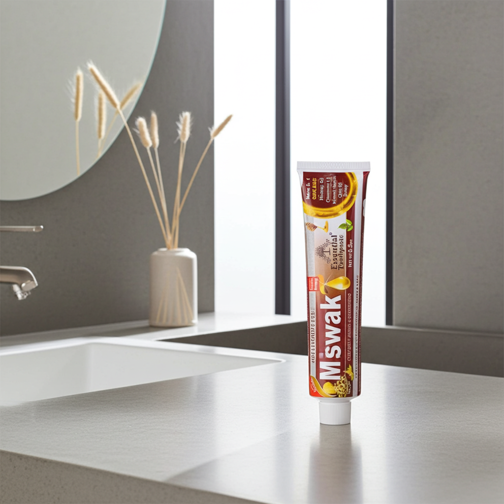 Miswak Essential Toothpaste tube for brushing teeth, freshening breath, and routine oral care.