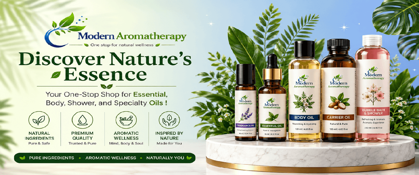 Modern Aromatherapy product lineup with bottles on a marble platform, surrounded by greenery.
