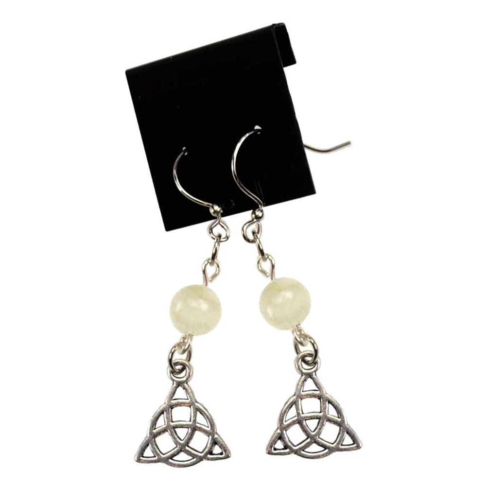 Moonstone triquetra earrings for Celtic-inspired jewelry, everyday wear, and gift giving.